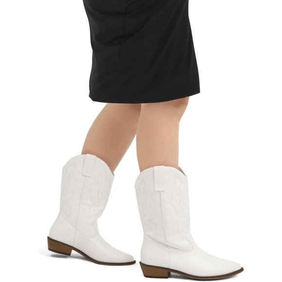 mysoft Women's White Western Cowboy Boots Mid Calf Pointed Toe Cowgirl - Picture 3 of 6